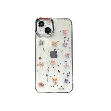 CUTECASE春夏向け アイフォン16pro/15ケース 花/蝶デコ iPhone14/13pro/12カバー 透明 大人可愛い 丈夫CM5154