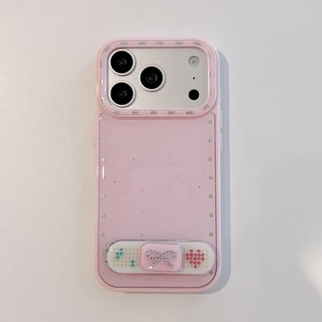 CUTECASE ダイヤリボンスタンド iPhone17Pro/17ケース ストーンライン iPhone16Pro/15/14ケース 淡色系 ガーリーファッションCM6338