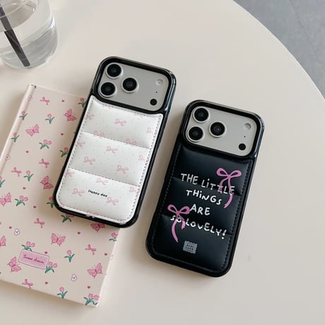 CUTECASE リボン柄ダウンジャケット風 iPhone17Pro/17ケース 上品 頑丈 iPhone16Pro/15カバー 冬に人気 CM5778