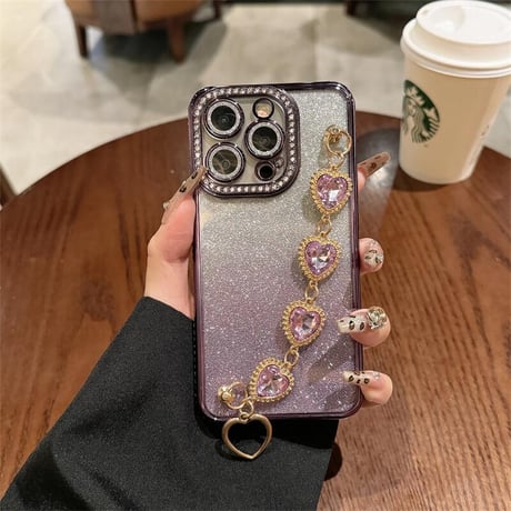 CUTECASEビジュー iPhone16/16proケース ハートダイヤチェーン iPhone14Pro/13/12proカバー キラキラ 女子力高い CM4634