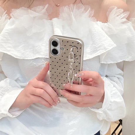 CUTECASEハート柄 ミラーiPhone16pro/16ケース ハートチャーム iphone15pro/14/13proカバー 大人可愛い シルバーCM5172