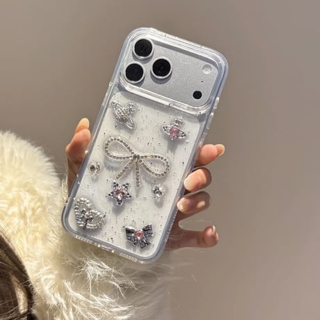 CUTECASEジュエリーリボン iPhone17/17Proケース キラキラ感 シック iPhone16Pro/15Promax/14ケース クリア きれい CM6070