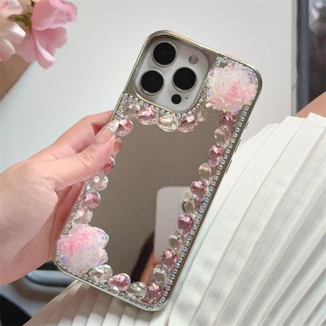 CUTECASEミラー iPhone16e/16proケース 蝶/花デコ ダイヤ/パール iPhone15promax/14/13カバー おしゃれ シック 女子力高い CM5281