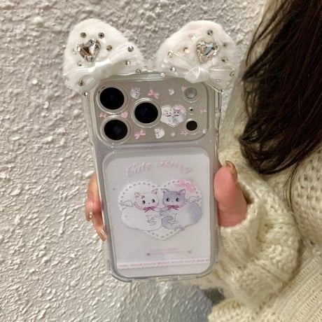 CUTECASE ダイヤデコ猫耳 iPhone17Pro/17ケース カメラカバー付 iPhone17ProMax/16Pro/15カバー 可愛すぎ 存在感抜群CM6021