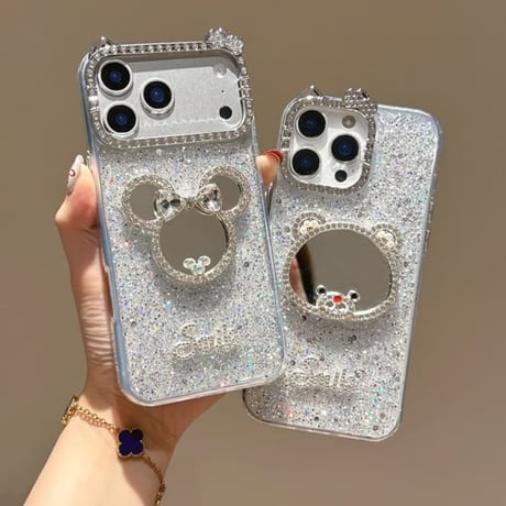 CUTECASE ジュエリーミラー iPhone17Pro/17ケース キラキララメ iPhoneAir/17ProMax/16Pro/15カバー 耳とリボン付き 可愛すぎ CM574