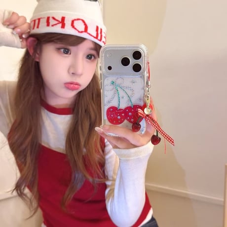 CUTECASE ダイヤデコサクランボ iPhone17pro/17ケース キラキラ感 iPhone16/15proケース 可愛いストラップ 女子力高いCM6040