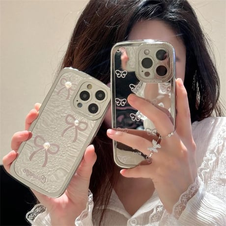 CUTECASE 花カメラ ミラーiPhone15pro/15promaxケース リボン/蝶 iphone14/13pro/12カバー 女子力アップ 可愛いCM4333