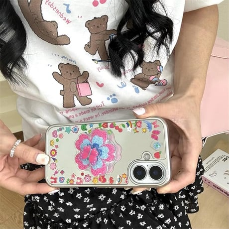 CUTECASEメイク鏡 iPhone16pro/16ケース 花/蝶グリップ iphone15pro/14/13proカバー 大人可愛い 春夏向け 便利CM5167