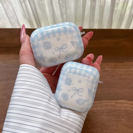 CUTECASE ブルーリボン柄 Airpods Pro3ケース 貝殻キーホルダー Airpods 4/3カバー AirpodsPro2/1 大人可愛いCM6297