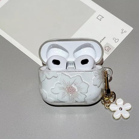 CUTECASE春夏 Airpods4ケース 白花柄 Airpods3/Pro2ケース airpodspro2カバー 花キーチェーン付 女子力高い 淡色系CM5204