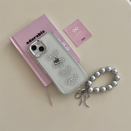 CUTECASE ストーンリボン iPhone15/15proケース チャーム付 iPhone14/13pro/12クリアケース かわいい 女子力アップCM4447