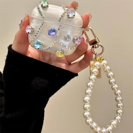 CUTECASEハンドメイド Airpods4ケース ダイヤ/ジュエリーデコ Airpods3/Pro2ケース airpodspro2カバー パールストラップ付 女子力高い 華やか 上品CM5192
