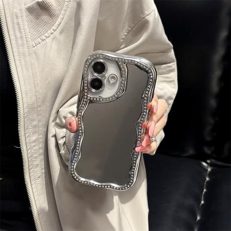 CUTECASEジュエリー鏡付 iPhone16/16proケース うねうね アイフォン15pro/14/13proケース 大人可愛い 女子力UP メッキCM5148