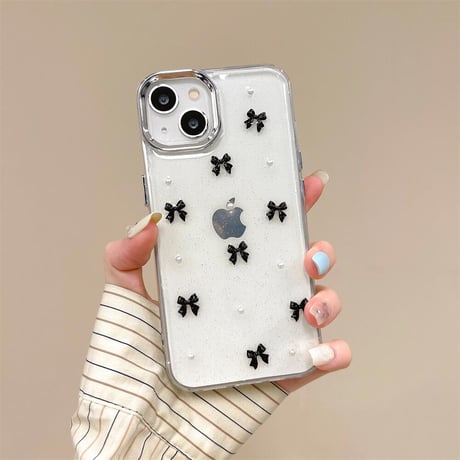 CUTECASE金属リボン iPhone15/15proケース パール iPhone14/13pro/12クリアケース かわいい 女子力高いCM4440