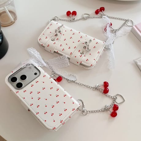 CUTECASE手帳型 カード収納 iPhone17Pro/17ケース サクランボ柄 リボンベスト iPhone16Pro/15/14ケース チェーン付CM6316