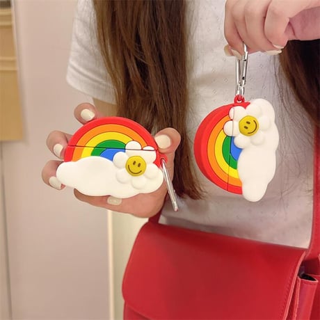 CUTECASE虹/笑顔の花 Airpods4ケース 可愛い AirpodsPro2ケース airpods3/2カバー リング付き ギフトにおすすめ シリコンCM5451