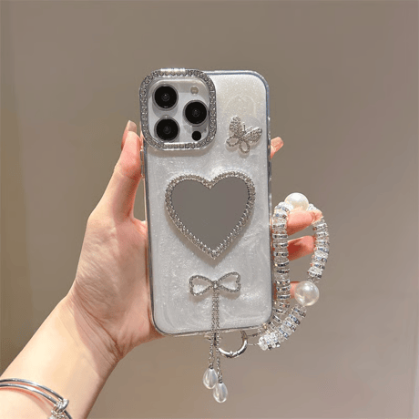 CUTECASE ジュエリーリボンフリンジ iPhone17/16proケース ハート型ミラー iPhone15pro/14/SEカバー 蝶 ストラップCM5608
