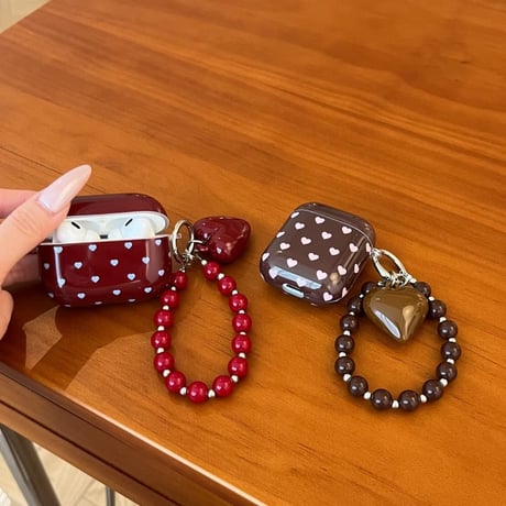 CUTECASE ハート柄 AirpodsPro3ケース ワインレッド/ブラウン Airpods4/pro2カバー ストラップ付 丈夫 かわいいCM5937