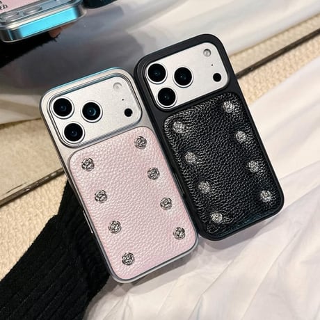 CUTECASE 高級感 iPhone17Promaxケースレザー 金属ツバキ花 iPhone17pro/16Pro/15proケース 大人可愛い お洒落CM5792
