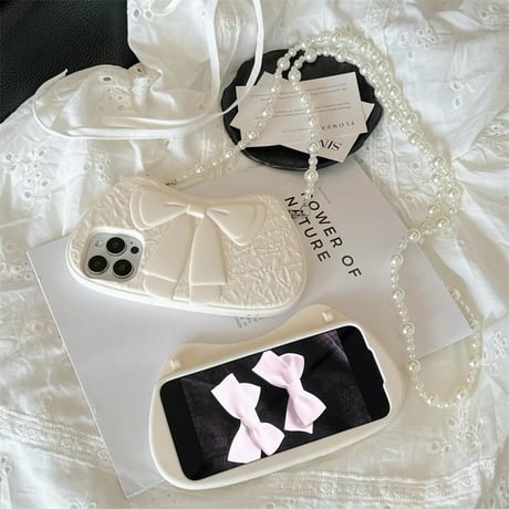 CUTECASE リボン iPhone16Pro/17ケース パールショルダー iPhone16ProMax/15Proカバー オシャレ かわいい 丈夫CM5530