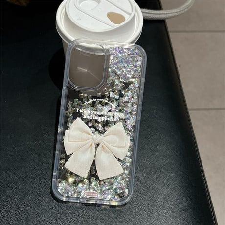 CUTECASE 動くダイヤ iPhone16pro/17ケース リボン柄 透明iPhone15pro/14/13カバー オシャレ キラキラ 可愛い CM5557
