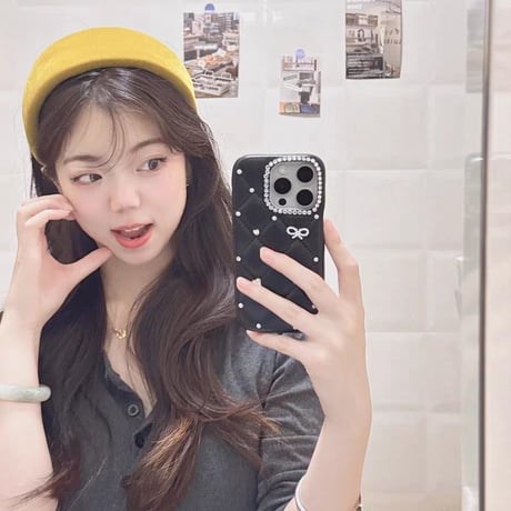 CUTECASEダイヤ/リボンデコ iPhone17ProMax/17Proケース キルティングレザー iPhone17/16Pro/15ケース セレブ愛用 高透明CM5737