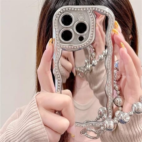 CUTECASEジュエリー鏡付 iPhone16pro/16ケース ビーズチェーンストラップ アイフォン15pro/14/13proケース 大人可愛い 女子力UP メイク直しに便利CM5194