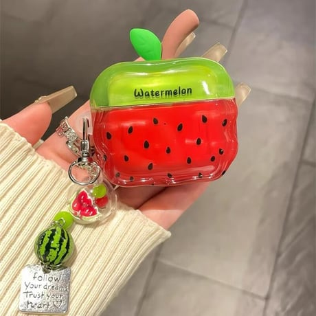 CUTECASEスイカ Airpods4ケース 夏向け AirpodsPro2ケース airpods3/2カバー かわいい キーチェーン付 艶感 CM5309