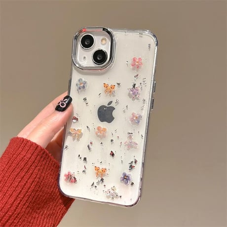 CUTECASE春夏向け アイフォン16pro/15ケース 花/蝶デコ iPhone14/13pro/12カバー 透明 大人可愛い 丈夫CM5154