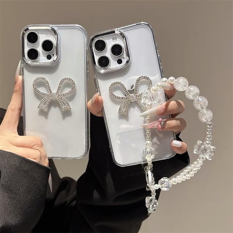 CUTECASEiPhone16e/16proケース ジュエリーリボン 高透明 iPhone15pro/14/SEカバー 可愛いストラップ 便利 高級感たっぷりCM5206
