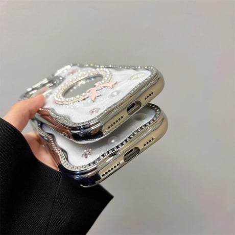 CUTECASE 可愛い鏡付 iPhone16pro/16ケース パール/ジュエリー iPhone15/14pro/13promax/12カバー うねうね おしゃれCM5271