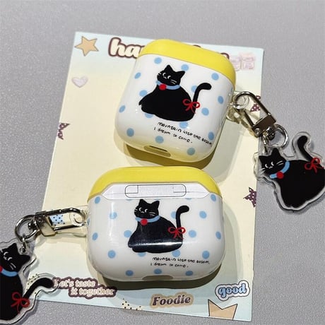 CUTECASE黒猫 Airpods 4ケース 水玉模様 Airpods3/Pro2ケース airpodspro2カバー 猫キーチェーン付 大人可愛い CM5208