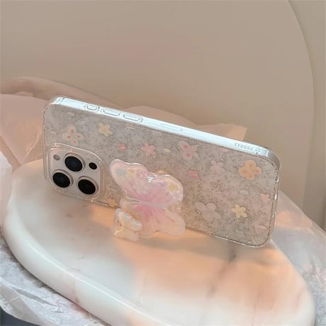 CUTECASE 蝶グリップ iPhone16pro/16ケース グリッター入り iPhone15promax/14pro/13/12カバー スタンド付 人気アイテムCM5270