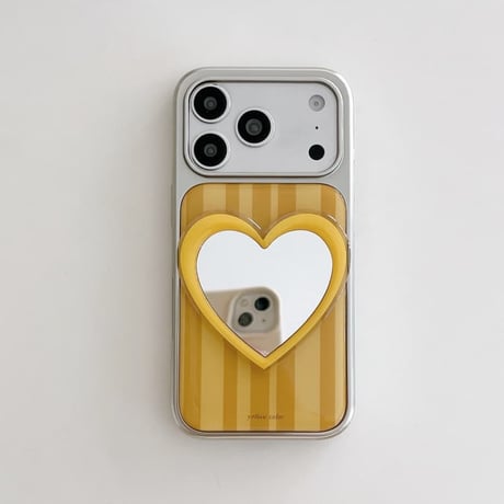CUTECASE ハートミラー iPhone17/17Proケース高級感 ストライプ柄 iPhone16Pro/15romaxケース 光沢感 イェローCM6488