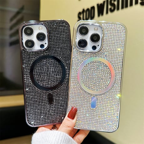 CUTECASE磁気充電iPhone15plus/15proケースグリッター入り ダイヤモンドiPhone14/13pro/12ゴールドシルバーきれいケース C6009