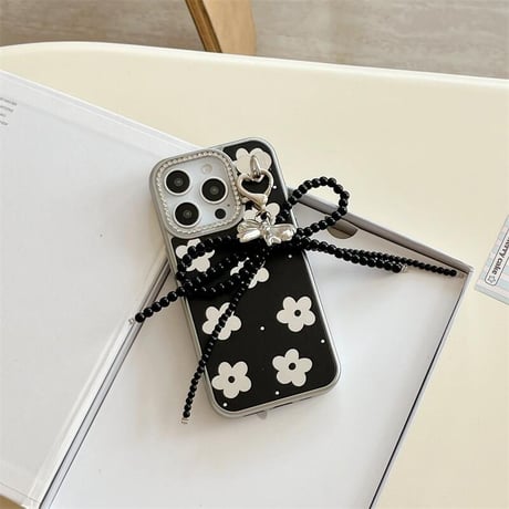 CUTECASE鏡付花 iPhone16pro/16ケース ジュエリー リボンチャーム iphone15pro/14/13proカバー 大人可愛い 女子力高いCM5188