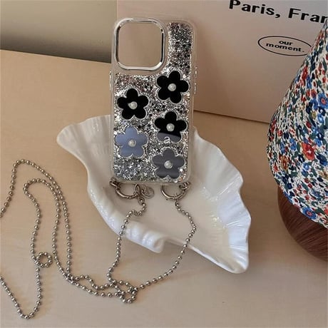 CUTECASE鏡付花 iphone15/15proケース ショルダーチェーン付 アイフォン13/14pro/12カバー キラキラグリッター 可愛いCM4459