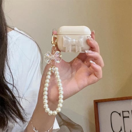 CUTECASE 立体リボン Airpods4ケース パールストラップ付 AirpodsPro2ケース airpods3/2カバー 高級感 淡色系 ベージュ色 CM5287