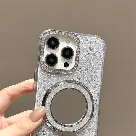 CUTECASEミラースタンド付 iPhone17/16proケース ジュエリー/ラメ入り iPhone15pro/14/SEカバー ダイヤストラップ 高級感CM5576
