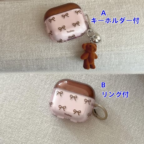 CUTECASE 韓国風 AirpodsPro3ケース リボン柄 エアポッズ4/3 AirpodsPro2/Proカバー リング/熊キーホルダー ギフトにおすすめ CM5810