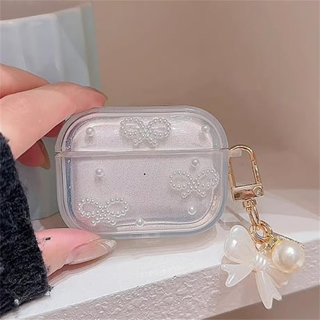 CUTECASEパールリボン Airpods3/2ケース 透明 Airpodspro2/proカバー 可愛いチャーム付 女子力アップCM4571