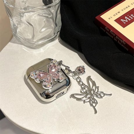 CUTECASE春夏におすすめ Airpods4ケース ダイヤ蝶 Airpods3/Pro2ケース airpodspro2カバー 蝶キーチェーン付 女子力高い メッキCM5125