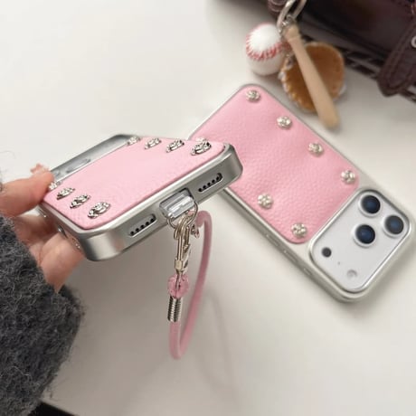 CUTECASE 金属ツバキ花 iPhone17/17proケース 高級感 レザー iPhone17promax/16/15Proカバー ストラップ 秋冬ファッションCM5802
