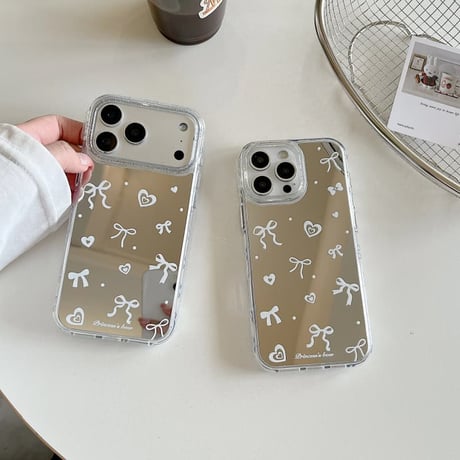CUTECASE リボン/ハート柄 ミラー iPhone17Pro/17ケース キラキララメ iPhone17Promax/16Pro/15ケース メイク直しに便利CM6241