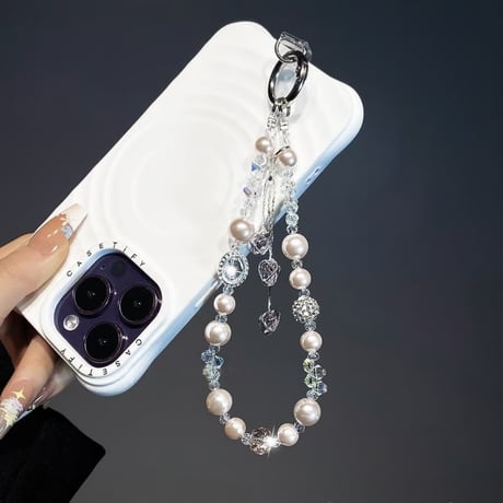 CUTECASE ハートダイヤフリンジ スマホストラップ 宝石 パール お洒落 高級感バックチャーム キーホルダー iPhone、Xiaomi、Galaxy 対応 CM5874