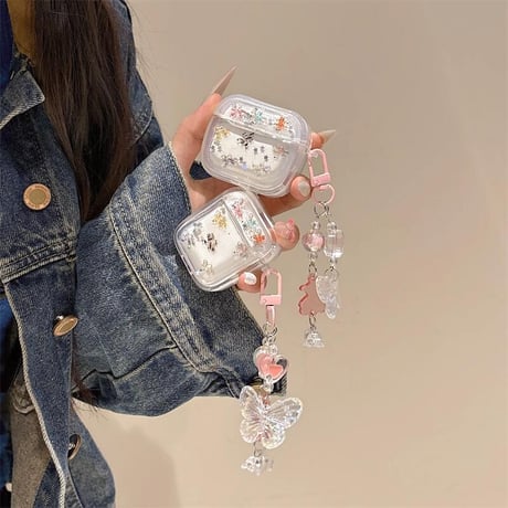 CUTECASEカゲロウ Airpods 4ケース 蝶キーチェーン付 かわいい Airpods3/Pro2ケース airpodsproカバー キラキララメ ギフトにおすすめCM5226