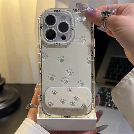 CUTECASE鏡付スタンド iPhone16ro/16Plusケース 猫の爪 iPhone15pro/14/SEカバー かわいい 淡色系 CM5473