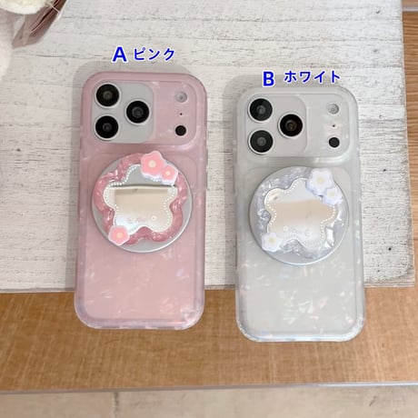 CUTECASE 花型ミラーグリップ iPhone17Pro/17ケース MagSafe対応 シェル風 iPhone16Pro/15/14ケース 淡色系 ガーリーファッションCM6255