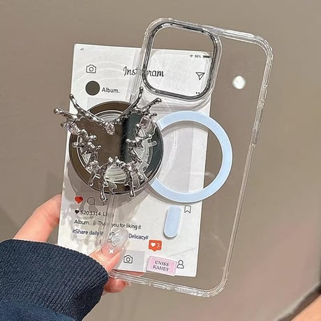 CUTECASEミラー付蝶グリップ iphone16/16proケース Magsafe対応 クリアiphone15pro/14/13proケース 高級感 女子力高い 丈夫CM5060