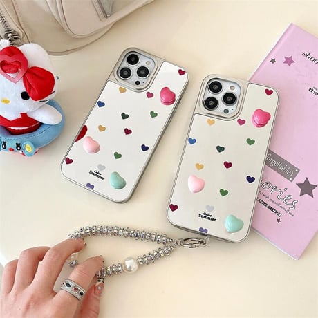 CUTECASEハート柄 iPhone16pro/16ケース ジュエリーストラップ メイク鏡 iPhone15pro/14/13ケース 大人可愛い 多機能 CM5140